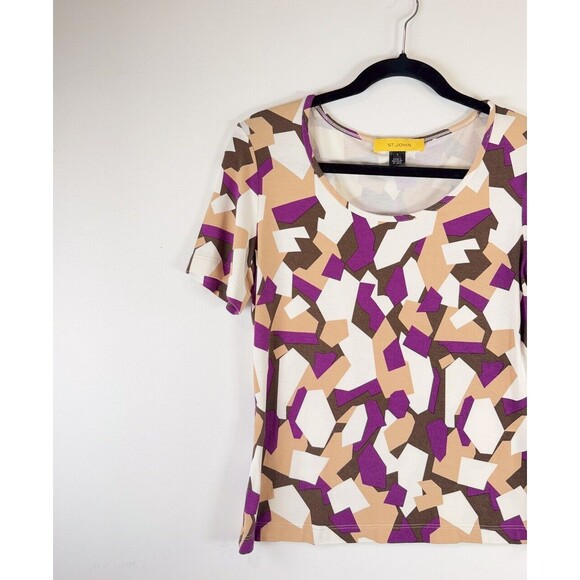 St John Womens Top Beige Abstract Short Sleeve Stretch Blouse Casual Size Small - Picture 4 of 11